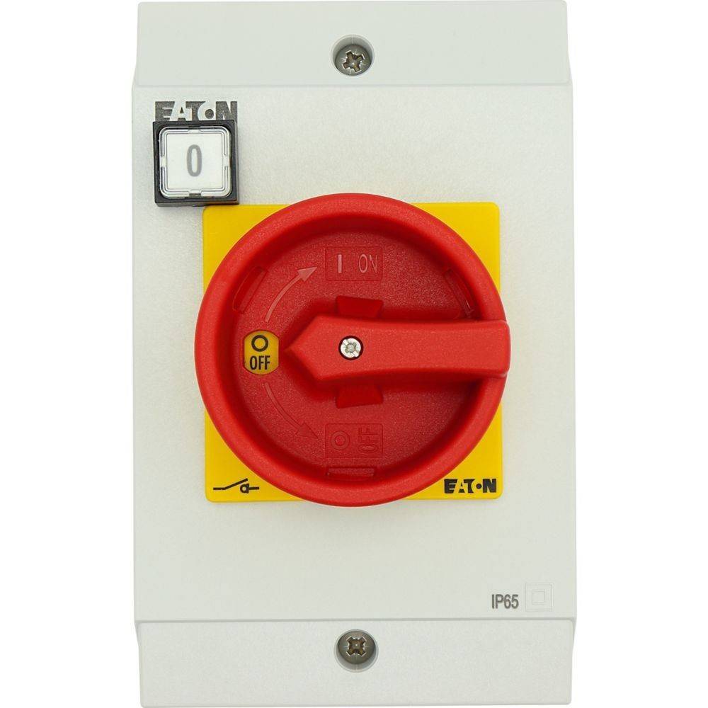 Ein weißes elektrisches Schaltpult mit einem roten Drehschalter, der mit 
