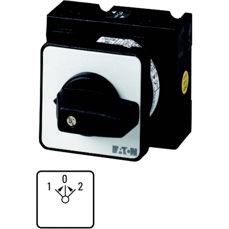 Schwarzer Eaton-Drehschalter mit drei Einstellungen (0, 1, 2), wie unten in einem Diagramm angegeben.