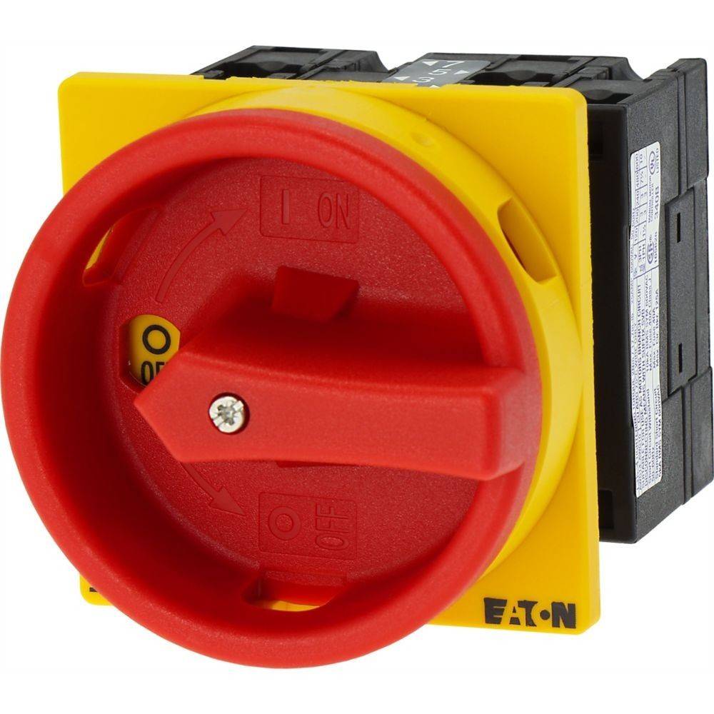 Roter Rotationsschalter mit gelber Basis, beschriftet mit 'EIN' und 'AUS', hergestellt von Eaton, verwendet zur Steuerung elektrischer Schaltkreise.