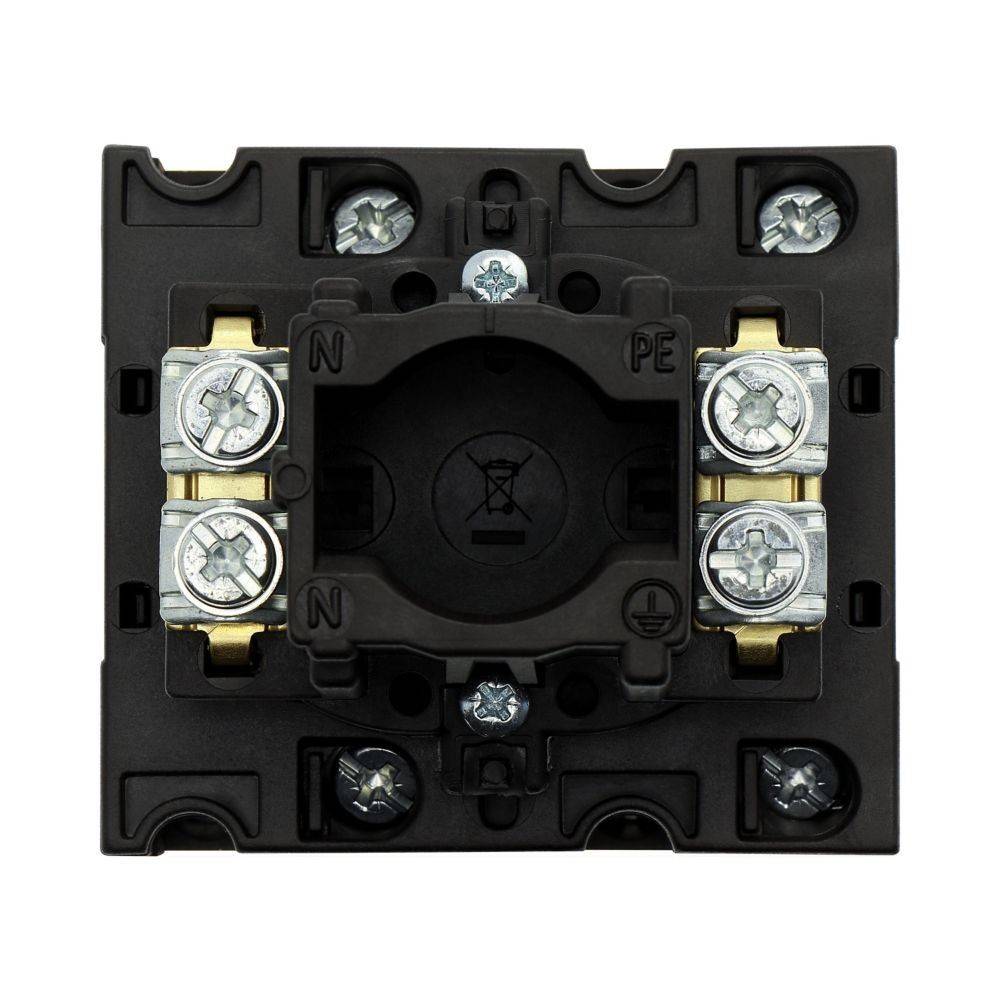 Schwarze elektrische Steckdosenbasis mit sichtbaren Schrauben und Anschlüssen, beschriftet mit N, L und PE für Neutral-, Phase- und Schutzleiteranschlüsse.