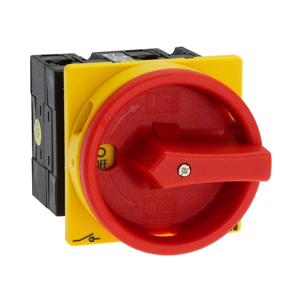 Ein roter Drehschalter mit 'EIN' und 'AUS' Positionen auf einem gelben Sockel. Zur elektrischen Steuerung verwendet, mit einem robusten schwarzen Gehäuse.