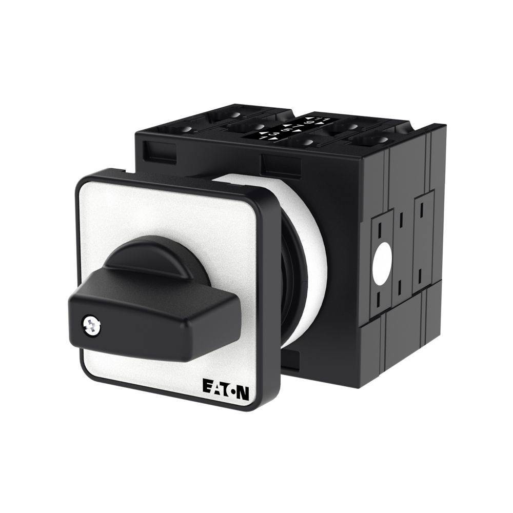 Ein schwarzer und silberner Drehschalter mit quadratischem Design, versehen mit einem sichtbaren Markenlogo auf der Vorderseite.