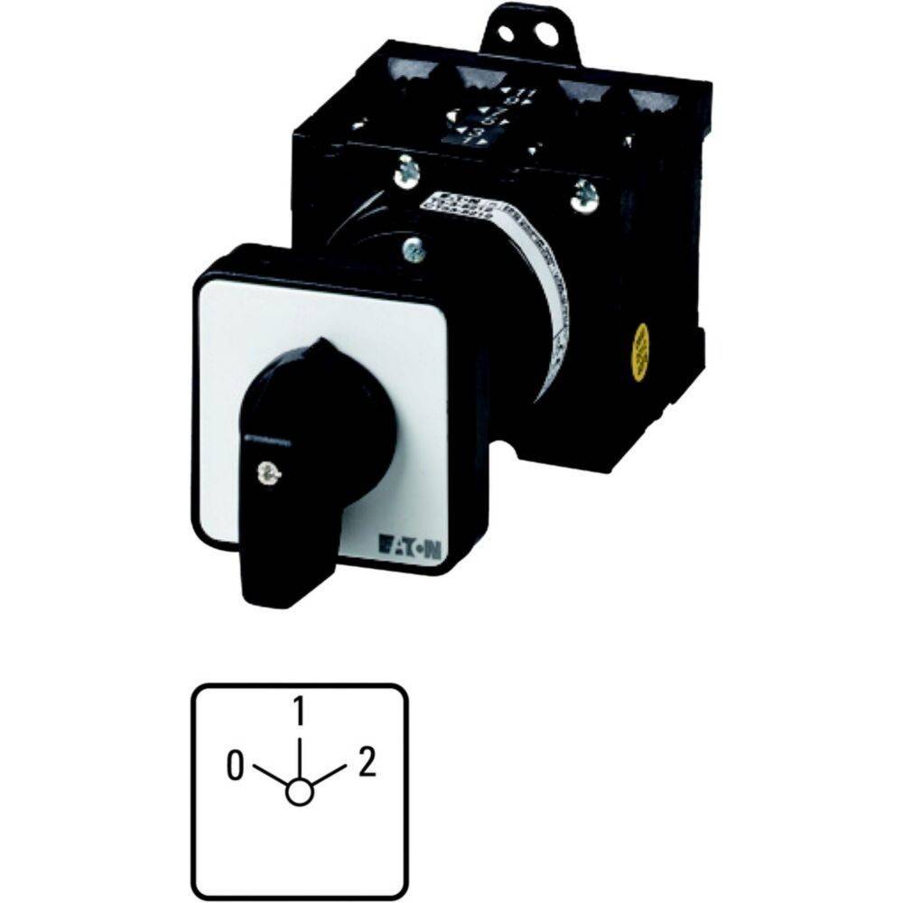 Schwarzer Drehschalter mit den Positionen 0, 1 und 2 und ein schematisches Diagramm darunter, das die Schaltereinstellungen zeigt.