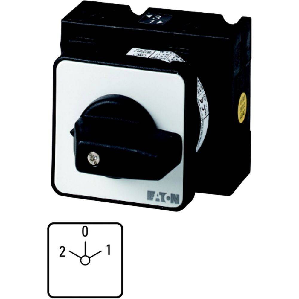 Ein schwarzer Rotary-Schalter mit Einstellungen, die mit '0', '1' und '2' beschriftet sind, positioniert darunter. Das Eaton-Markenlogo ist auf dem Schalter sichtbar.