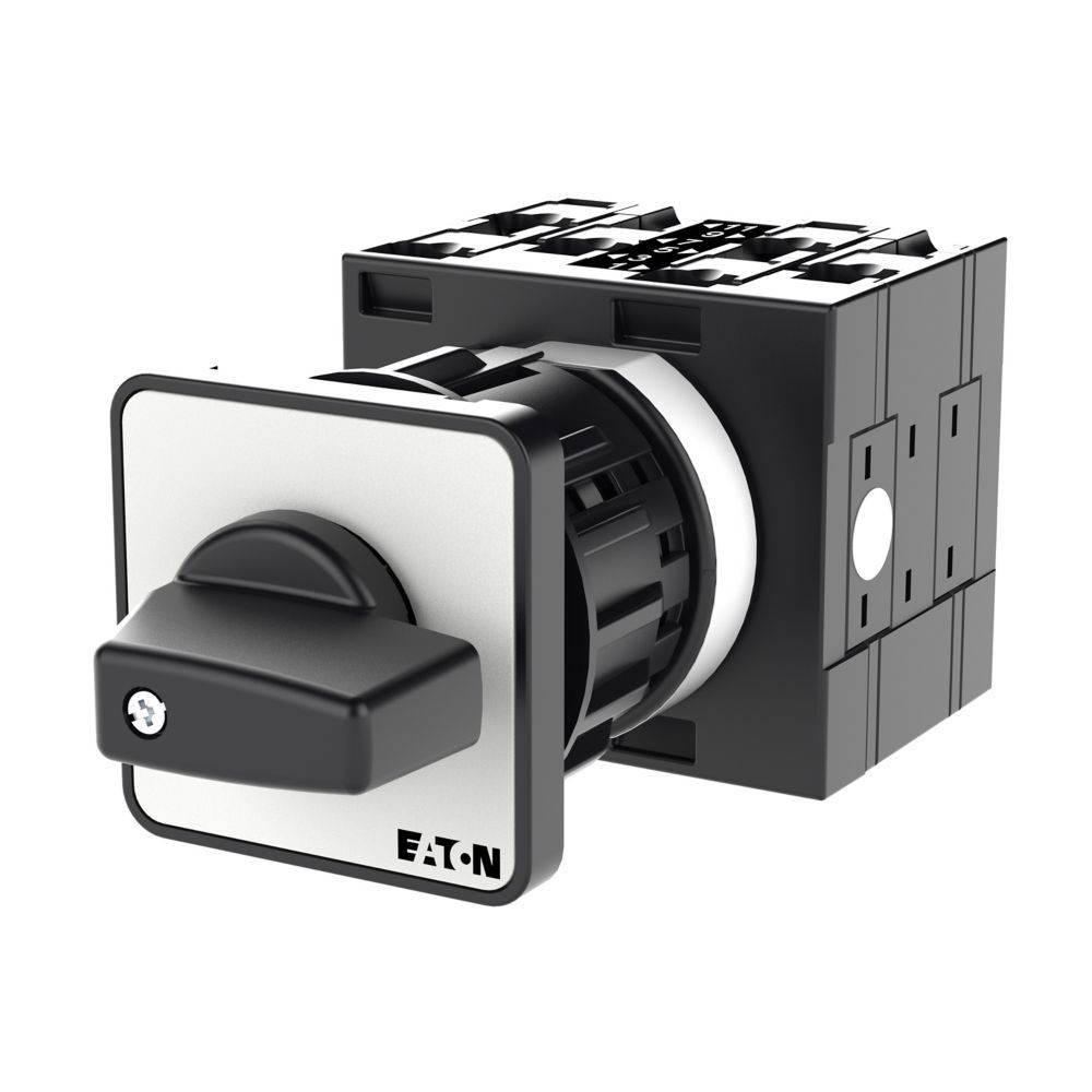 Drehschalter mit einem schwarzen Drehknopf und einer quadratischen Grundfläche, mit EATON-Beschriftung, verwendet für elektrische Steuerungen in industriellen Anwendungen.