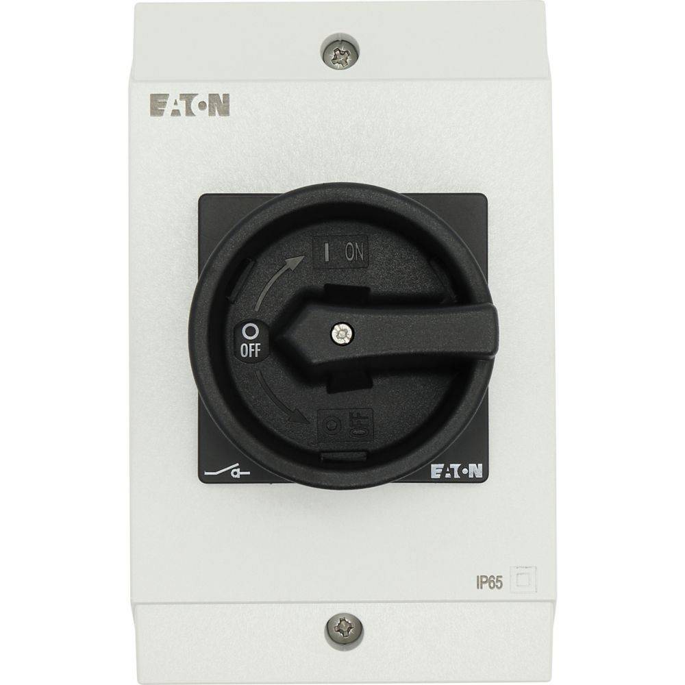 Eaton IP65-Schalter in Ausschaltposition, auf einer Wandplatte montiert, mit Ein- und Aus-Positionen beschriftet, zeigt Design für robuste Outdoor-Nutzung.