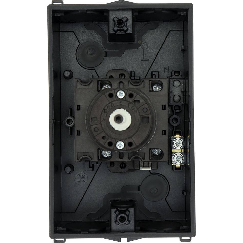 Eine schwarze, rechteckige, wandmontierte Elektrobox mit einer kreisförmigen Komponente in der Mitte und mehreren Befestigungslöchern zur Installation.