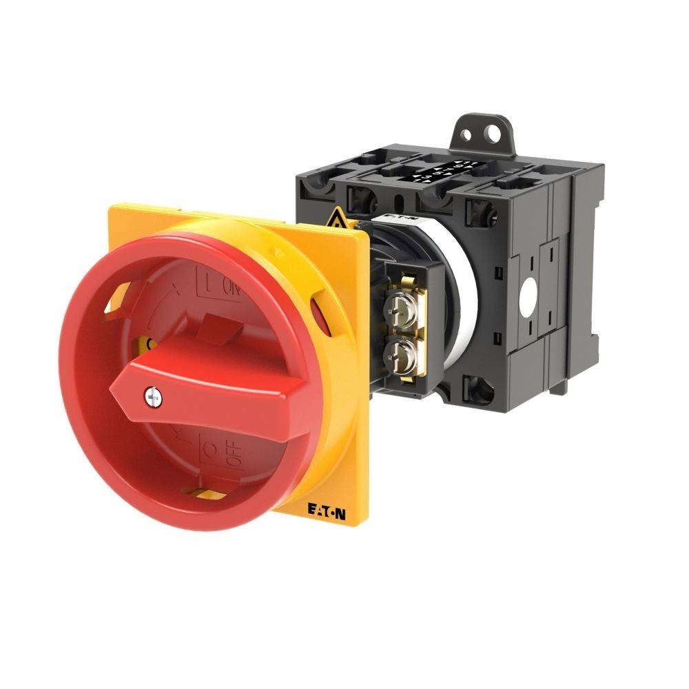 Eaton-Drehschalter mit rotem Griff und gelber Basis, der zur Steuerung elektrischer Schaltkreise durch Drehung des Griffs verwendet wird.
