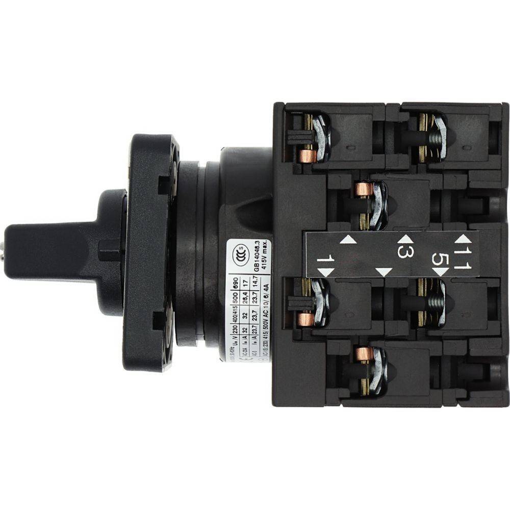 Kippschalter mit mehreren Anschlüssen und Einstellungen, ausgestattet mit einem schwarzen Griff und beschrifteten Anschlusspunkten für elektrische Konfigurationen.