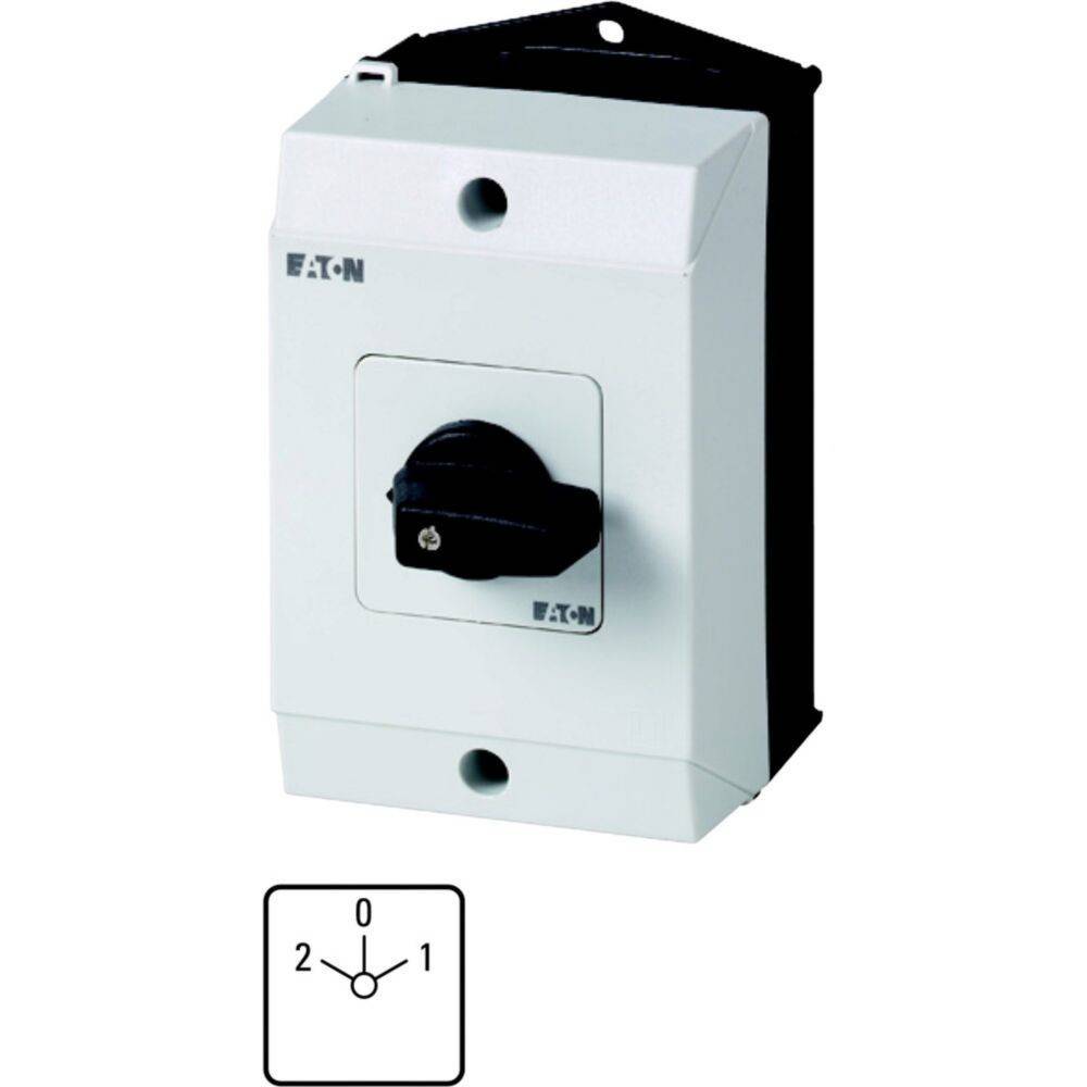 Eine weiße, rechteckige elektrische Schalterbox mit einem schwarzen Drehschalter, der mit den Zahlen '0', '1' und '2' beschriftet ist und unten mit Symbolen dargestellt wird.