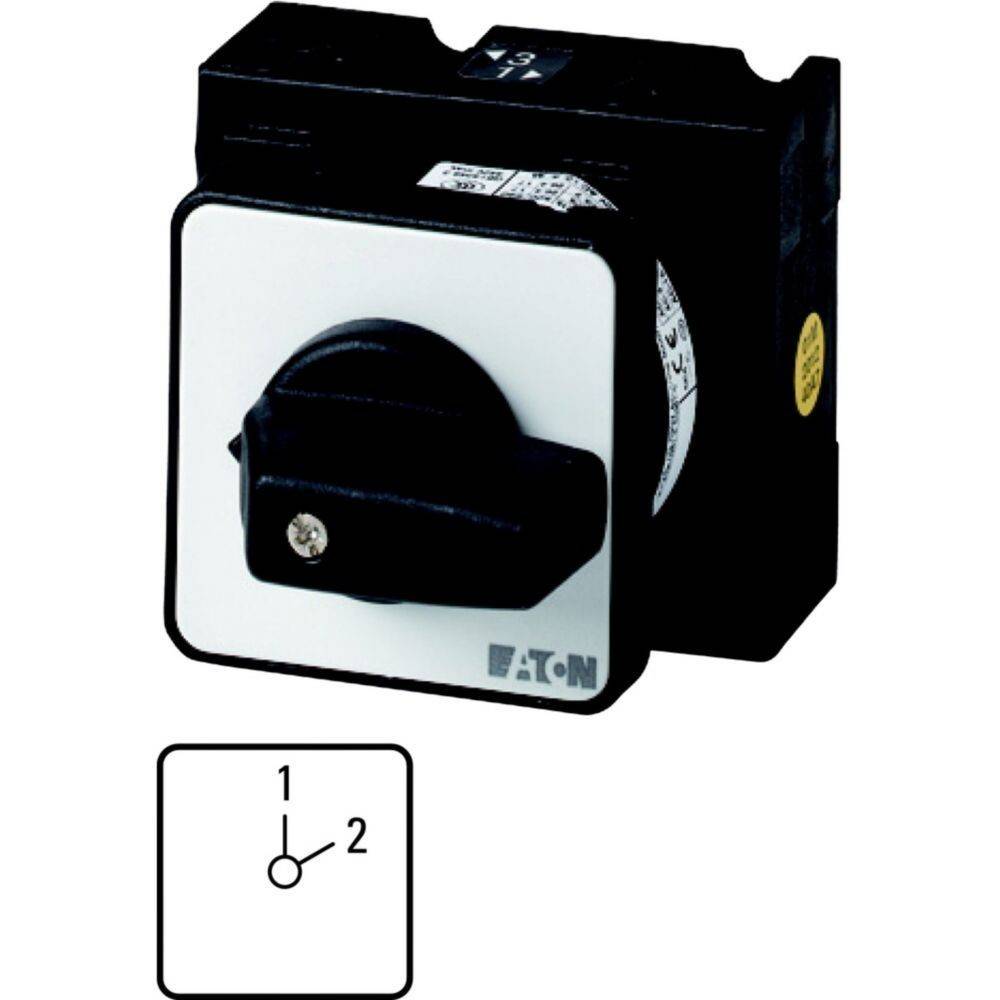 Ein schwarzer Drehschalter mit zwei Positionen, beschriftet mit '1' und '2', auf einem weißen Hintergrund.