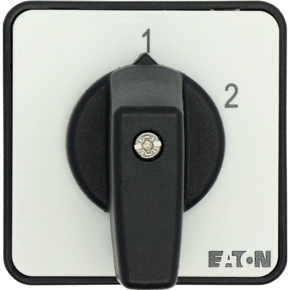 Schwarzer Rotationsschalter auf weißer Tafel, beschriftet mit '1' und '2', mit einer Schraube in der Mitte, hergestellt von Eaton.
