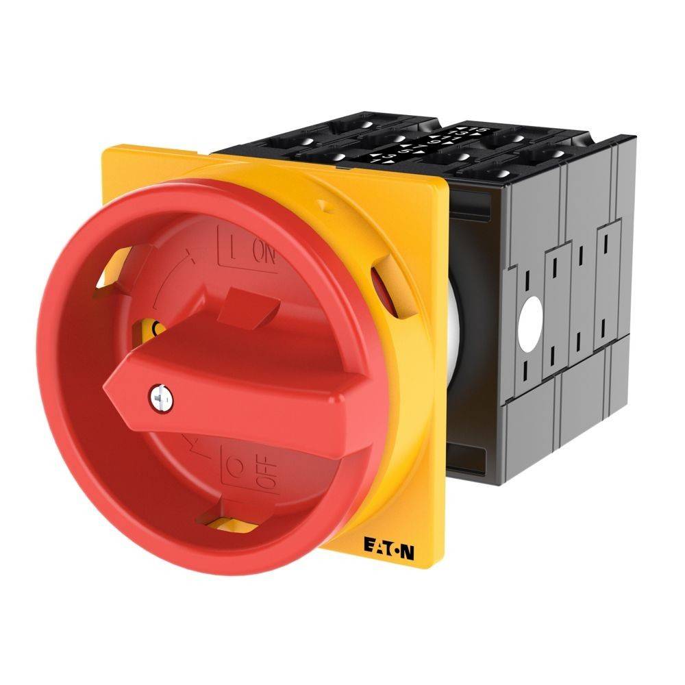Eaton-Lasttrennschalter mit rotem Drehgriff auf gelbem quadratischem Hintergrund, der zur Steuerung elektrischer Schaltkreise verwendet wird.