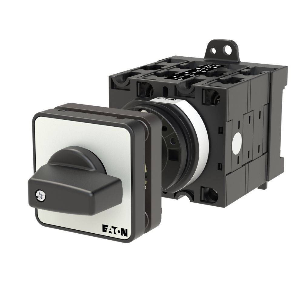 Ein schwarzer und grauer Drehschalter von Eaton mit quadratischer Frontplatte und zentralem Knopf, konstruiert für industrielle elektrische Anwendungen.