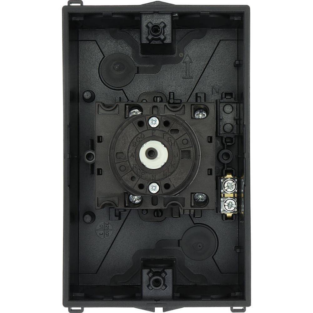 Eine schwarze Kunststoffkomponente mit einem kreisförmigen zentralen Mechanismus, Schraubenbefestigungen und Anschlussklemmen, die höchstwahrscheinlich Teil eines elektronischen Geräts oder Steuerungssystems ist.