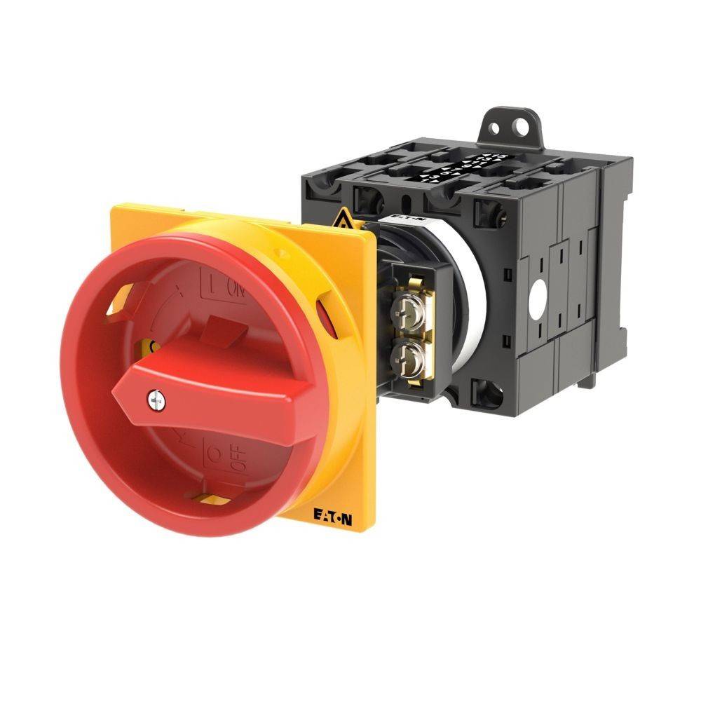 Ein Drehschalter mit einem gelb-roten Griff ist auf einer schwarzen Basis montiert. Der Griff ist so positioniert, dass er die Ein- und Ausschaltung von elektrischen Geräten ermöglicht.