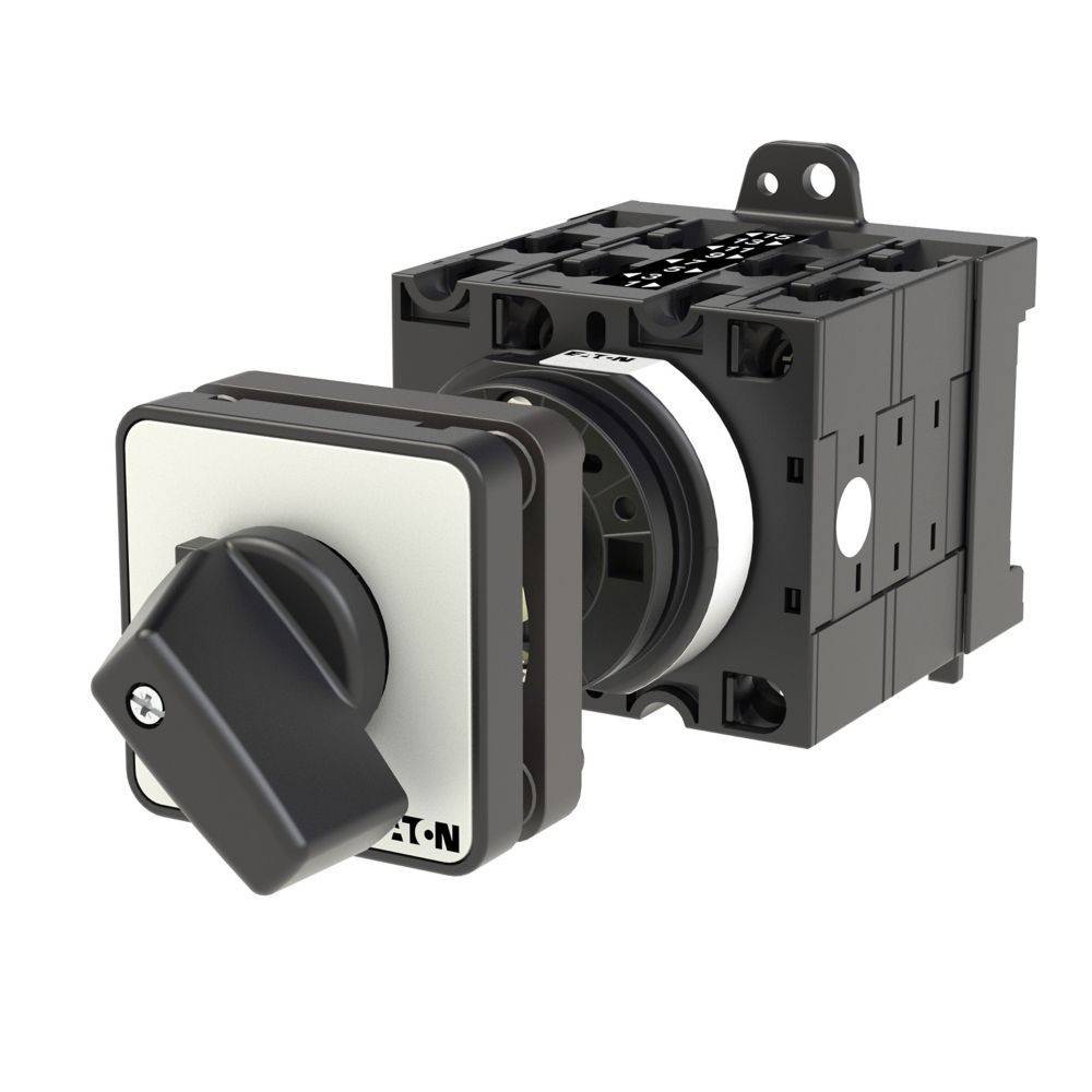 Ein industrieller Rollnocken-Schalter in einem quadratischen Gehäuse mit einem schwarzen Griff, verwendet zur Steuerung elektrischer Geräte, in Perspektivansicht dargestellt.