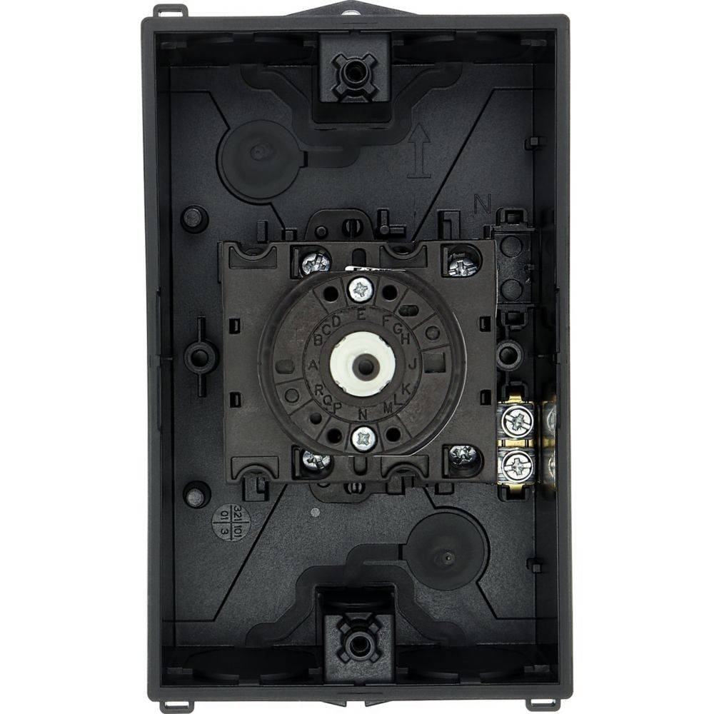 Eine elektrische Wanddose mit Anschlussöffnungen und einer zentralen Befestigungsvorrichtung für einen Drehschalter, die zur Installation von elektrischen Systemen in Wänden verwendet wird.