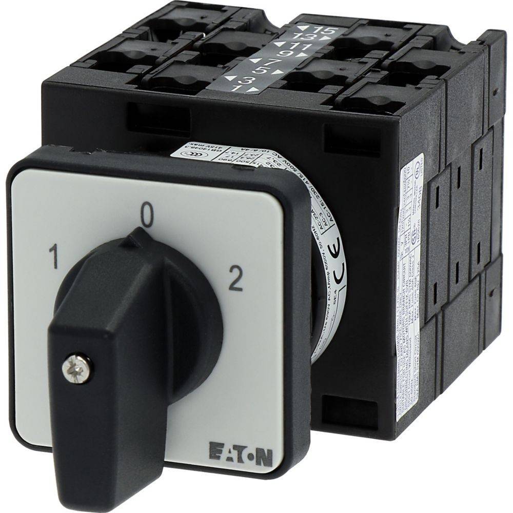 Ein Drehschalter mit einem schwarzen Griff, beschriftet mit '0' und '1', hergestellt von Eaton, zur Steuerung elektrischer Schaltkreise.