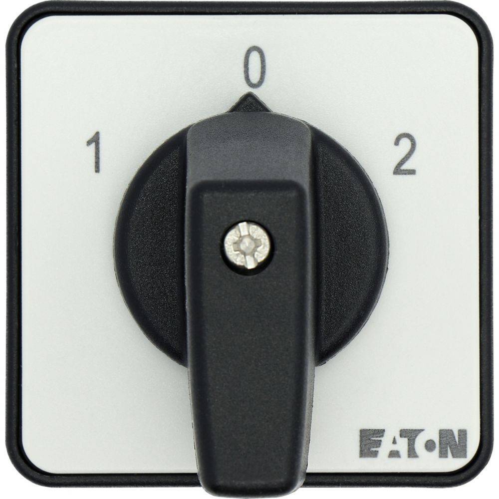 Ein Kontrollschalter mit Positionen, die mit '1', '0' und '2' beschriftet sind, mit einem schwarzen Drehknopf, der auf '0' zeigt, und der unten mit 'EATON' markiert ist.