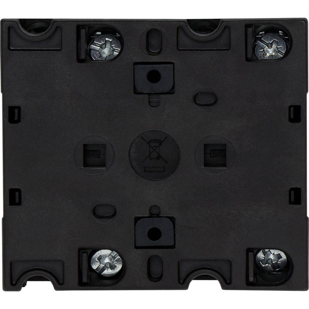 Eine schwarze quadratische elektrische Montageplatte mit vier sichtbaren Schraubenöffnungen an den Ecken und einem zentralen kreisförmigen Symbol, das eine Einfügung verbietet.
