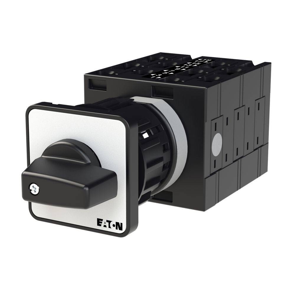 Ein schwarzer Dreh-Elektroschalter mit einem Eaton-Logo auf der Vorderseite, entwickelt für industrielle Anwendungen.