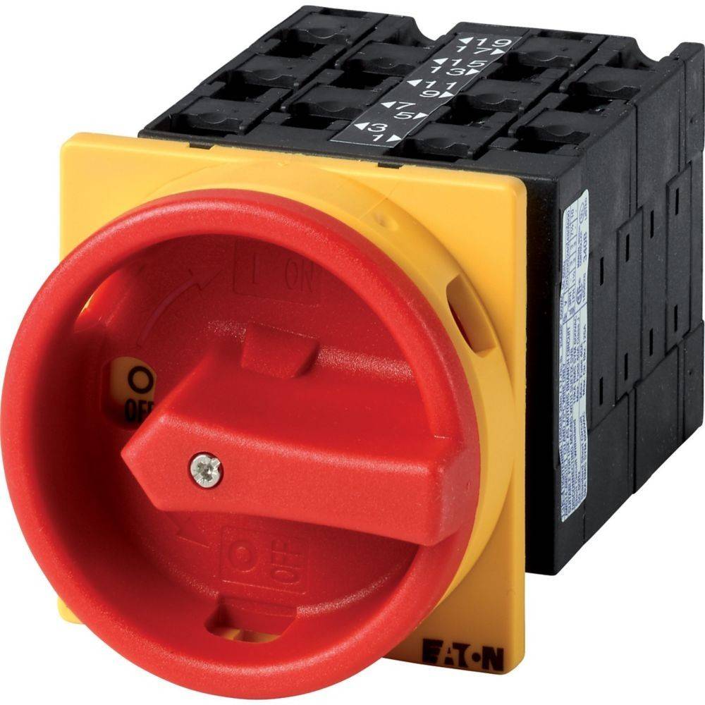 Rot-gelber Drehschalter mit schwarzem Sockel, versehen mit AN- und AUS-Beschriftungen; wird zur Steuerung elektrischer Stromkreise verwendet.