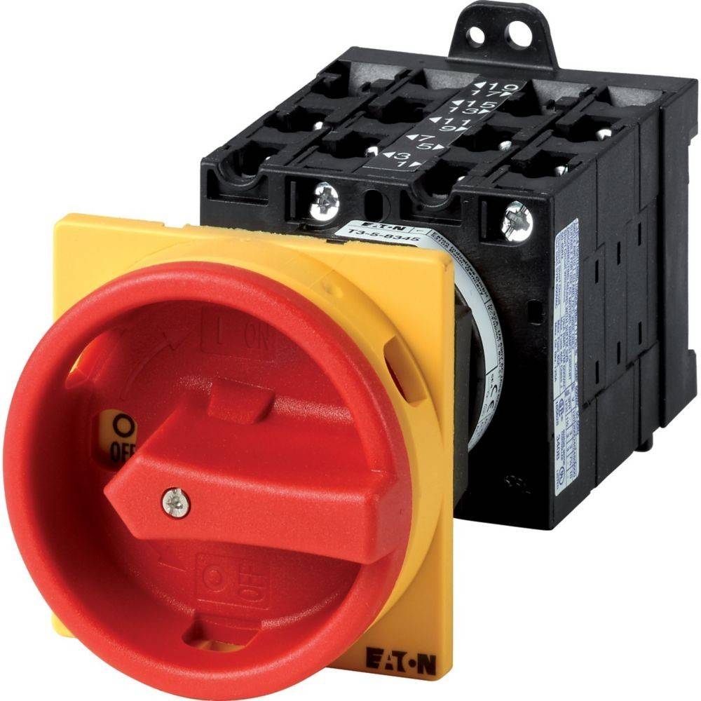 Ein rot-gelber Drehschalter mit den Beschriftungen ‚AUS' und ‚EIN', der zur Steuerung elektrischer Schaltkreise verwendet wird und von Eaton hergestellt wird.