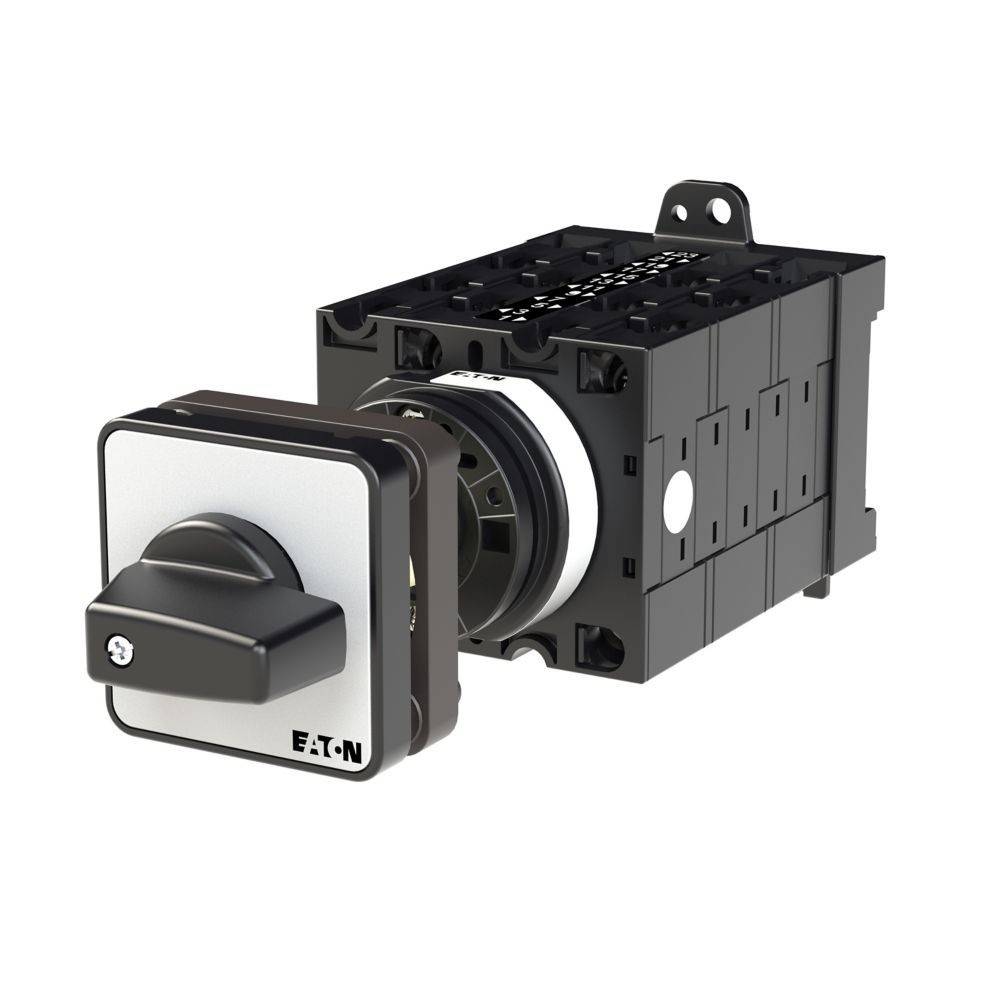 Ein schwarzer und weißer Eaton-Drehschalter mit quadratischer Frontplatte und Drehknopf, der für die Steuerung elektrischer Schaltkreise entwickelt wurde.