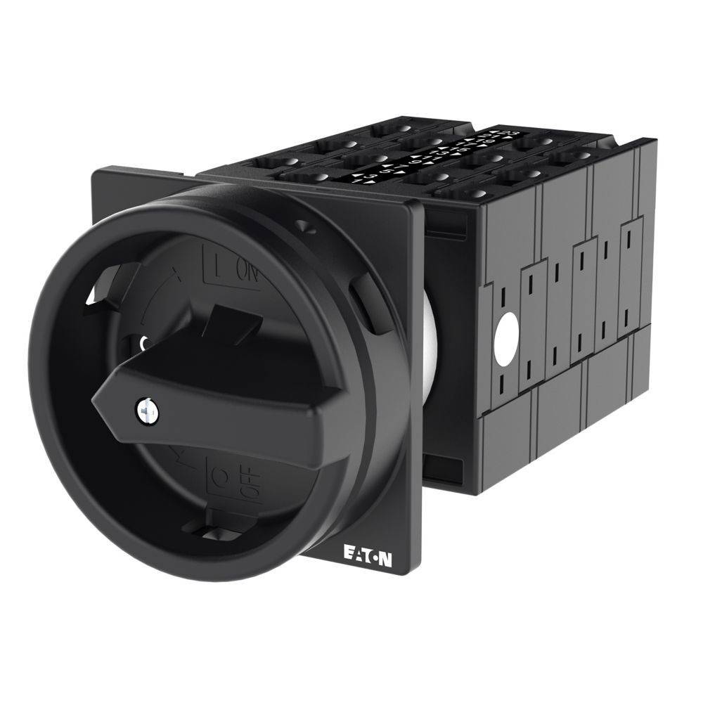 Rotary-Schalter von Eaton, schwarzes rechteckiges Design mit einem kreisförmigen Griff zur Ein- und Ausschaltung, geeignet für den kommerziellen Einsatz.