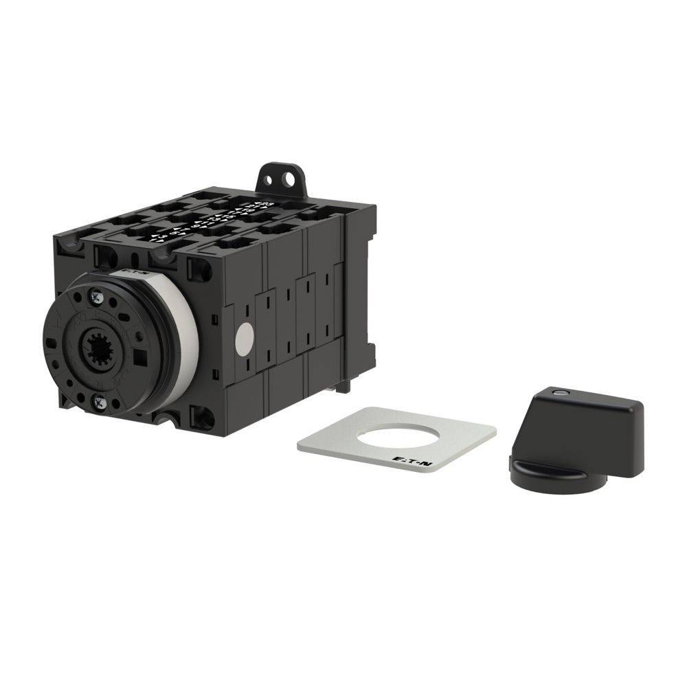 Eine schwarze und weiße industrielle Schaltkomponente mit einem Drehknopf, abnehmbarer Abdeckung und Montageplatte, mit der Marke 'Eaton' versehen.