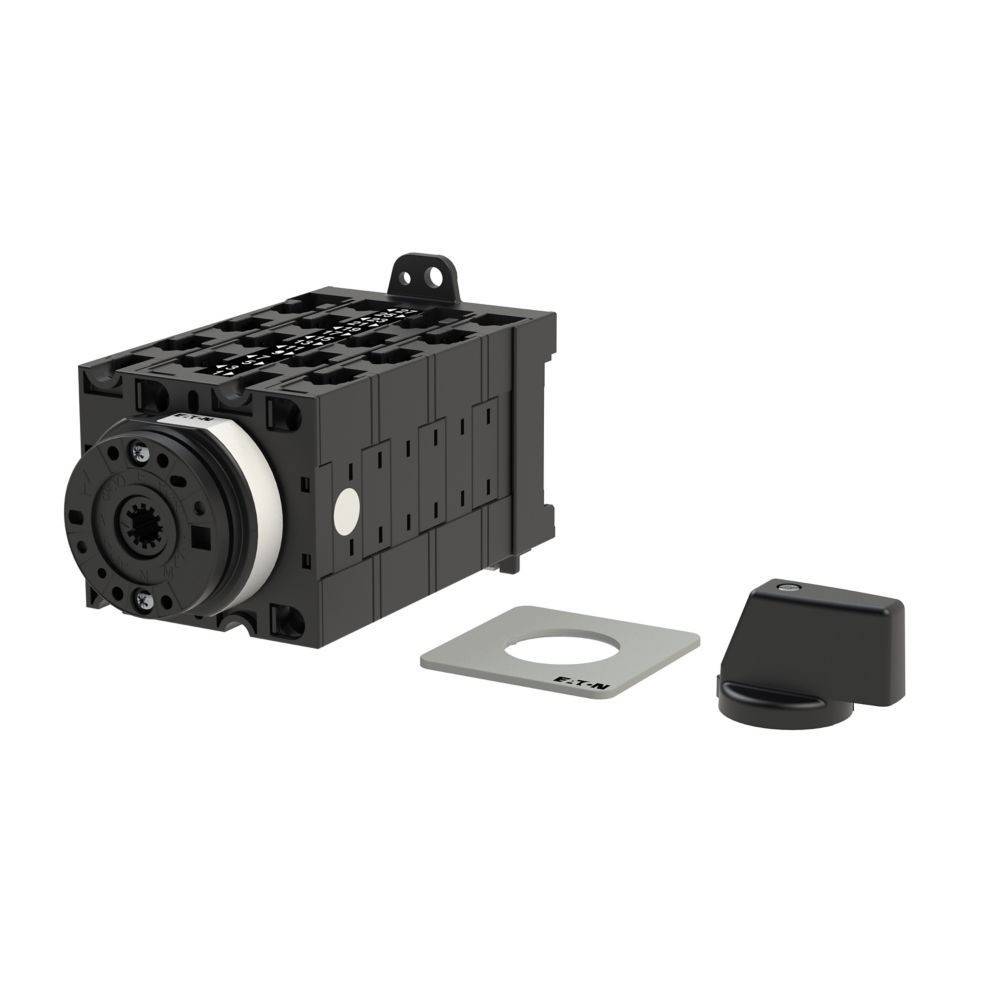 Industrielle Schalterbaugruppe, bestehend aus einem Drehschalter, schwarzem Knopf, Montageblech mit Öffnung und schwarzem Modul mit mehreren Anschlüssen.
