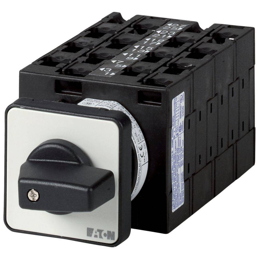 Ein schwarzer und weißer Eaton-Drehschalter mit einer beschrifteten Skala, die verschiedene Einstellungen anzeigt. Geeignet für elektrische Steuerungsanwendungen.
