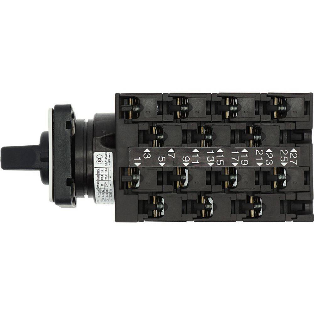 Ein schwarzer Drehschalter mit Nocken und mehreren nummerierten Anschlüssen, der zur Steuerung verschiedener elektrischer Stromkreise verwendet wird.