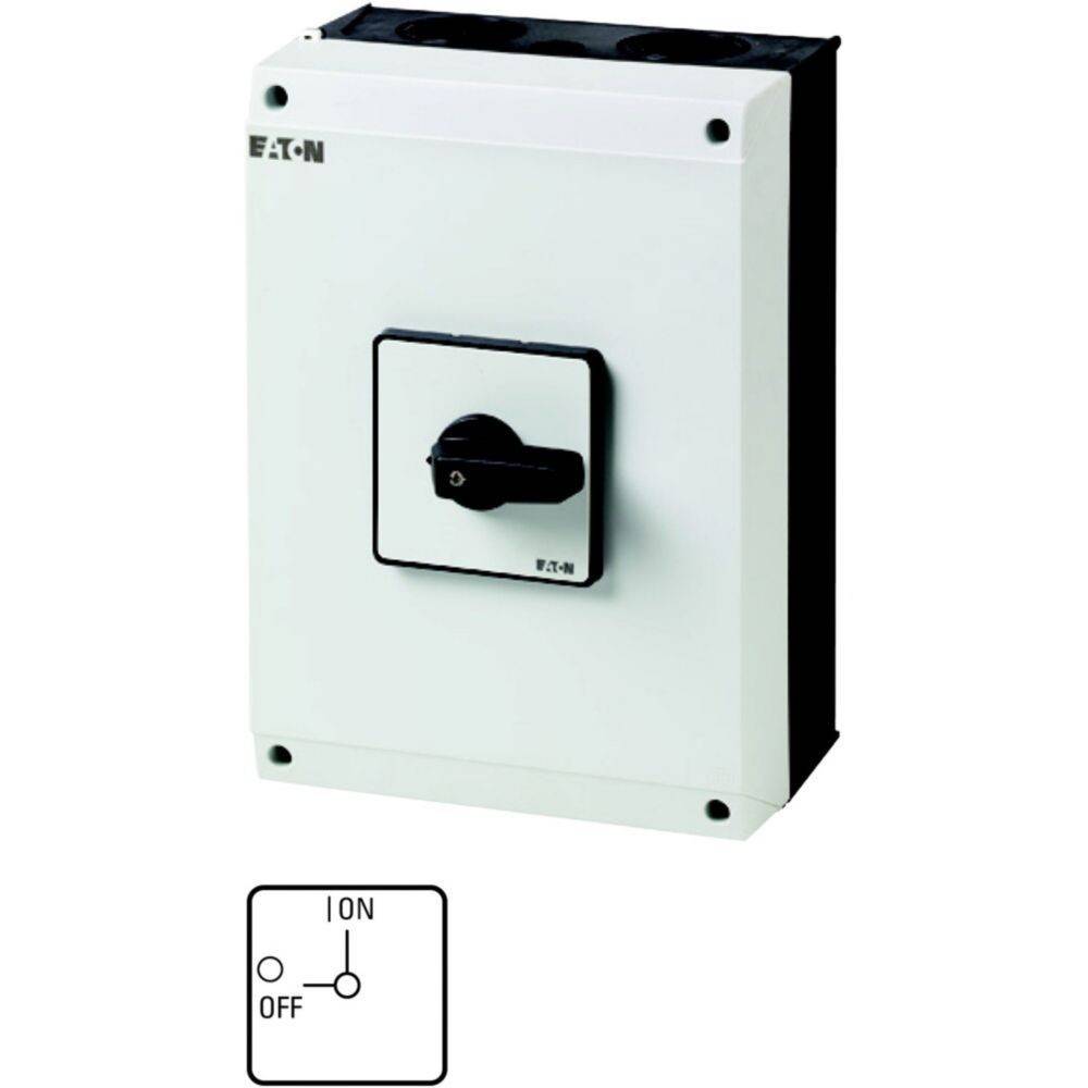 Eine weiße elektrische Schalterdose mit einem schwarzen Drehschalter in der Mitte, der die Positionen EIN und AUS zeigt.