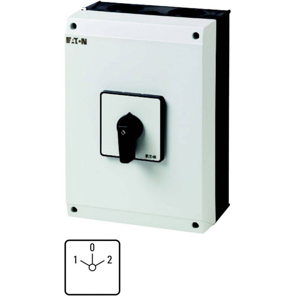 Eine weiße elektrische Schaltertafel mit einem schwarzen Drehgriff, beschriftet mit '0', '1' und '2'. Das Eaton-Logo ist oben links sichtbar.