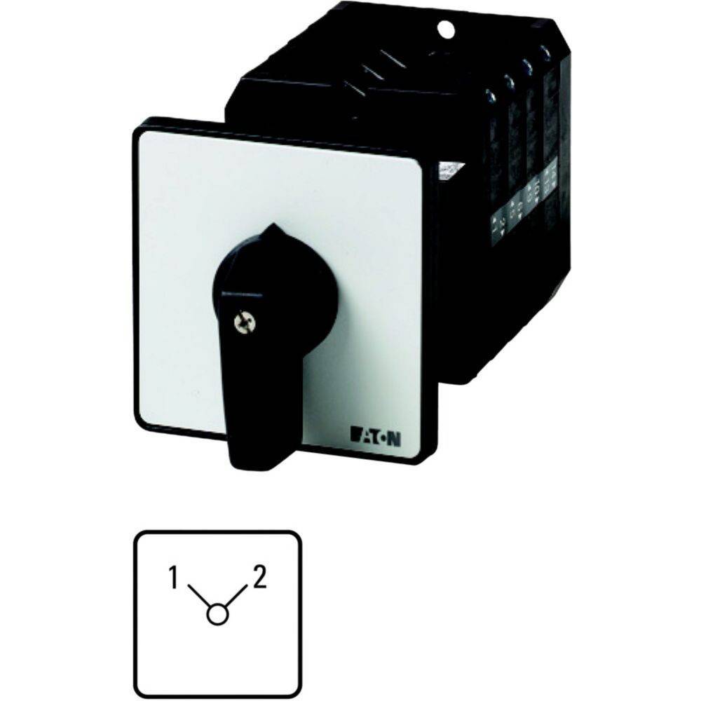 Schwarzer Drehnocken-Schalter auf weißer Tafel, mit beschrifteten Positionen 1 und 2, für elektrische Steuerungsanwendungen konzipiert.