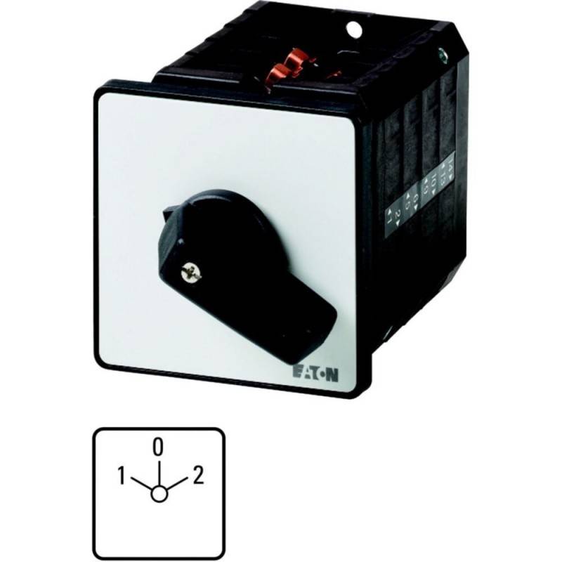 Ein Drehschalter mit drei Positionen, beschriftet mit '0', '1' und '2', der zum Steuern elektrischer Schaltkreise verwendet wird. Der Schalter befindet sich in Position '1'.
