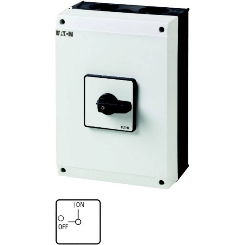 Weißer elektrischer Schaltkasten mit einem schwarzen Schalter in der Mitte und dem Aufdruck 