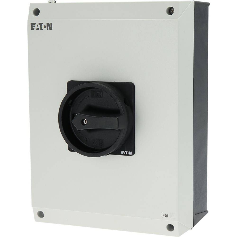 Eine Box mit einem schwarzen Drehschalter, der mit 'EIN' und 'AUS' beschriftet ist. Das Gehäuse trägt die Aufschrift 'Eaton' und ist mit IP65 für Staub- und Wasserbeständigkeit bewertet.