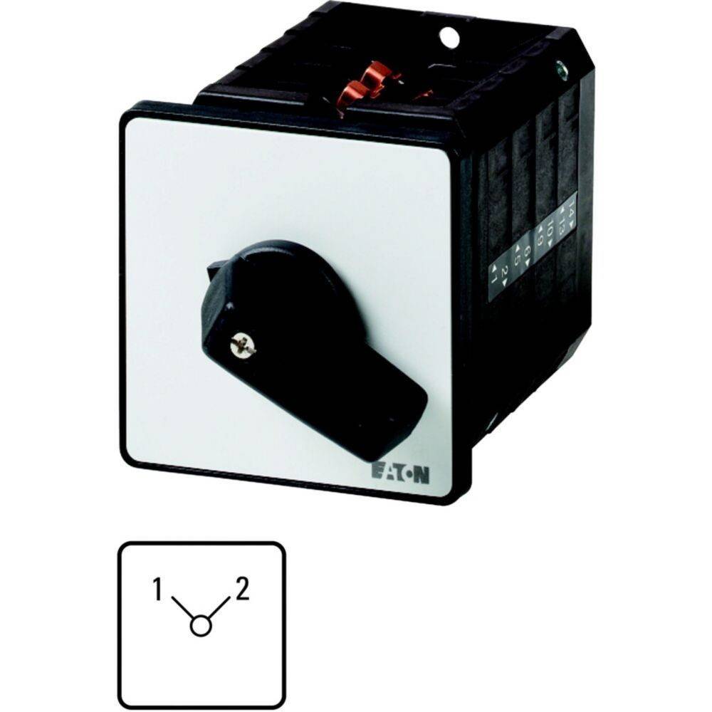Elektrischer Schalter mit schwarzem Griff auf einer weißen quadratischen Tafel, der zwei Positionen mit den Bezeichnungen 1 und 2 zeigt.