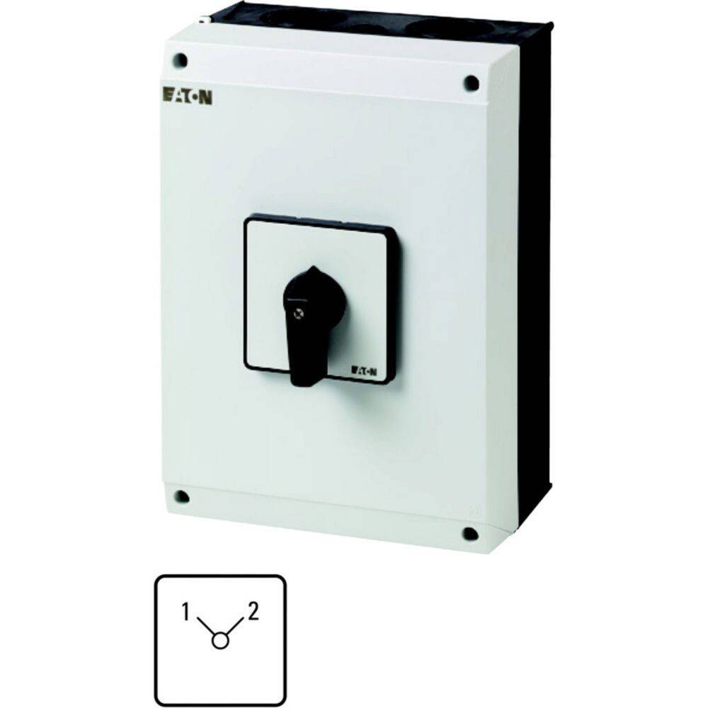 Eine weiße elektrische Schalterdose mit einem schwarzen Drehgriff, ausgestattet mit zwei Positionen, beschriftet mit '1' und '2'. Markenlogo oben links.