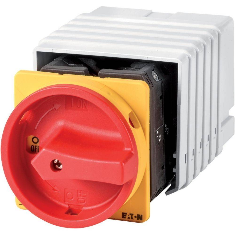 Rot-gelber Drehschalter für elektrische Ausrüstung, mit Positionen, die 'Aus' und 'Ein' markieren, verwendet für Stromsteuerung und Sicherheit.