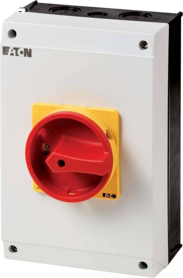 Ein roter Drehschalter mit den Beschriftungen '0' und '1' auf einer gelben Basis, montiert auf einem weißen Panel, mit der Markenbezeichnung 'EATON' sichtbar.