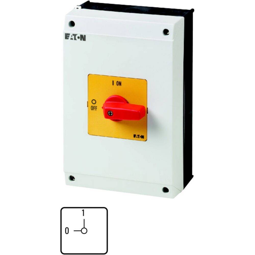 Ein weißer Eaton-Elektroschalter mit einem roten Hebel. Das gelbe Panel zeigt die Position an, beschriftet mit 'EIN' und 'AUS'.