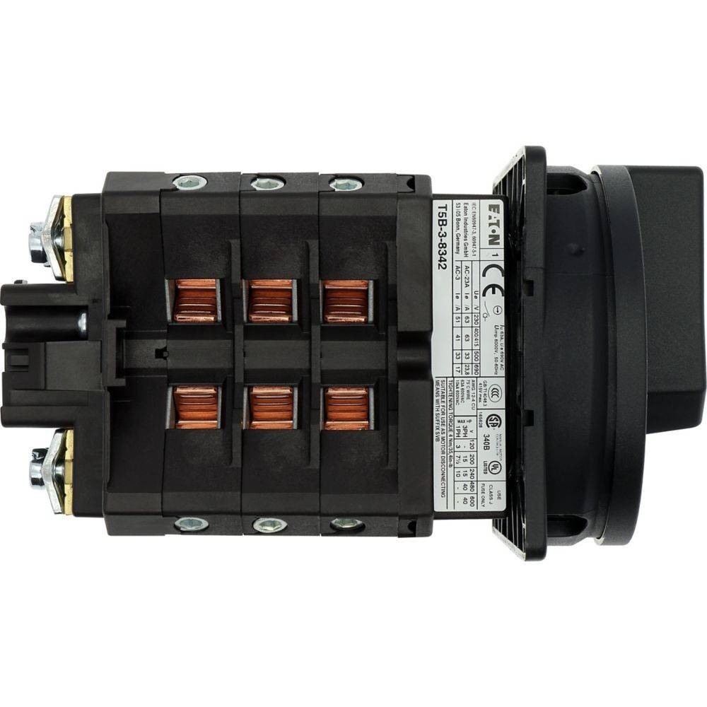 Das Bild zeigt einen Eaton T0-Serie Drehschalter mit einem schwarzen Gehäuse, mehreren Kupferklemmen und einem Etikett mit technischen Spezifikationen.