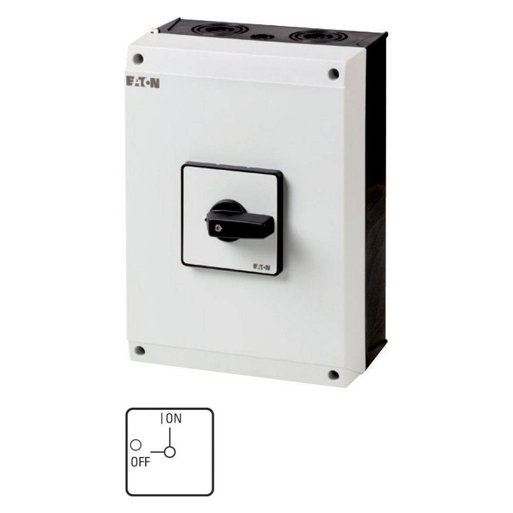 Eine weiße elektrische Steuerbox mit einem schwarzen Griff in der Mitte, auf der die Symbole 'I' und 'O' für Ein und Aus zu sehen sind. Eine Skizze darunter zeigt dieselben Symbole.