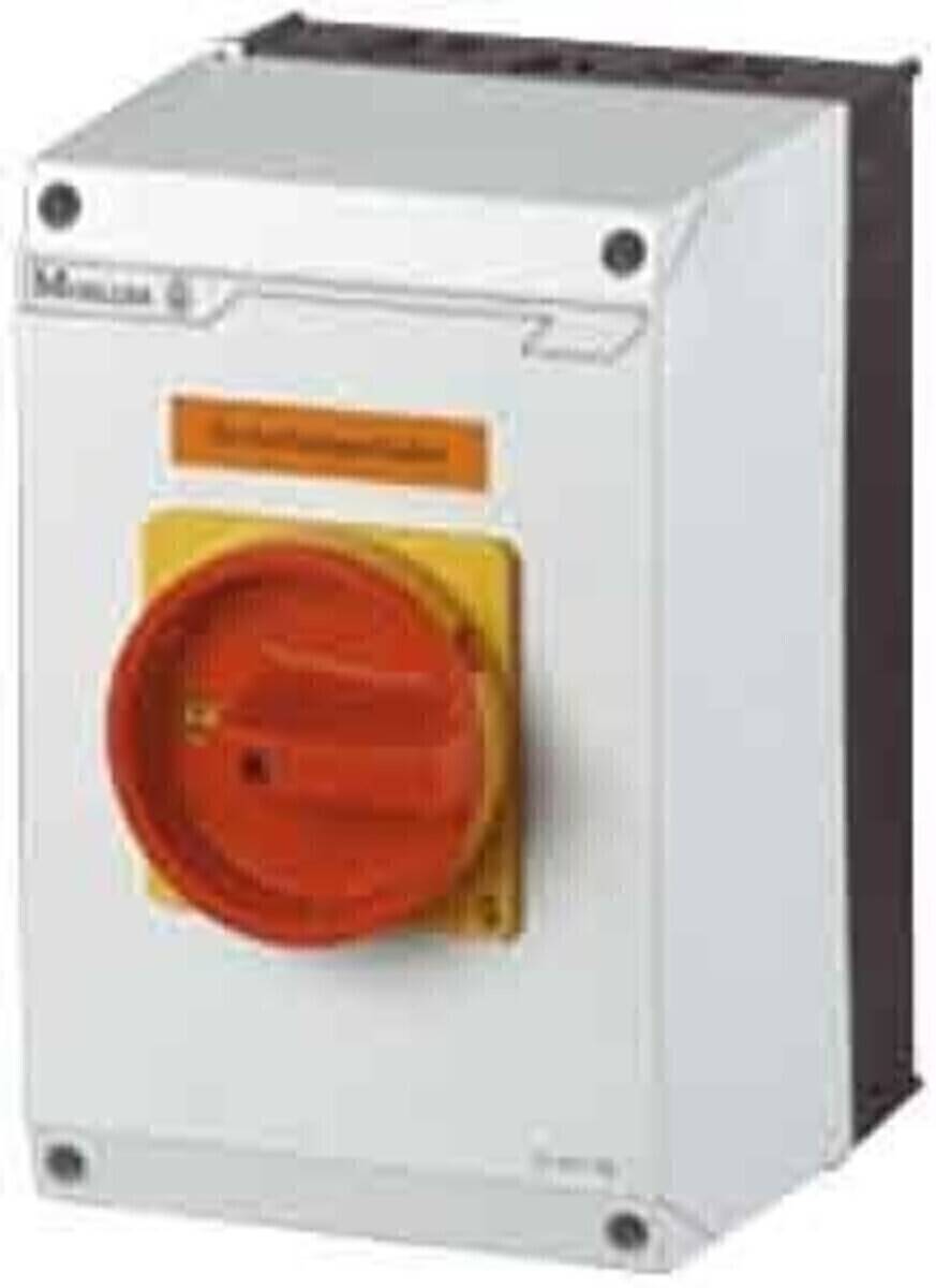 Eine weiße elektrische Schalterkiste mit einem orangefarbenen kreisförmigen Schalter, beschriftet mit 