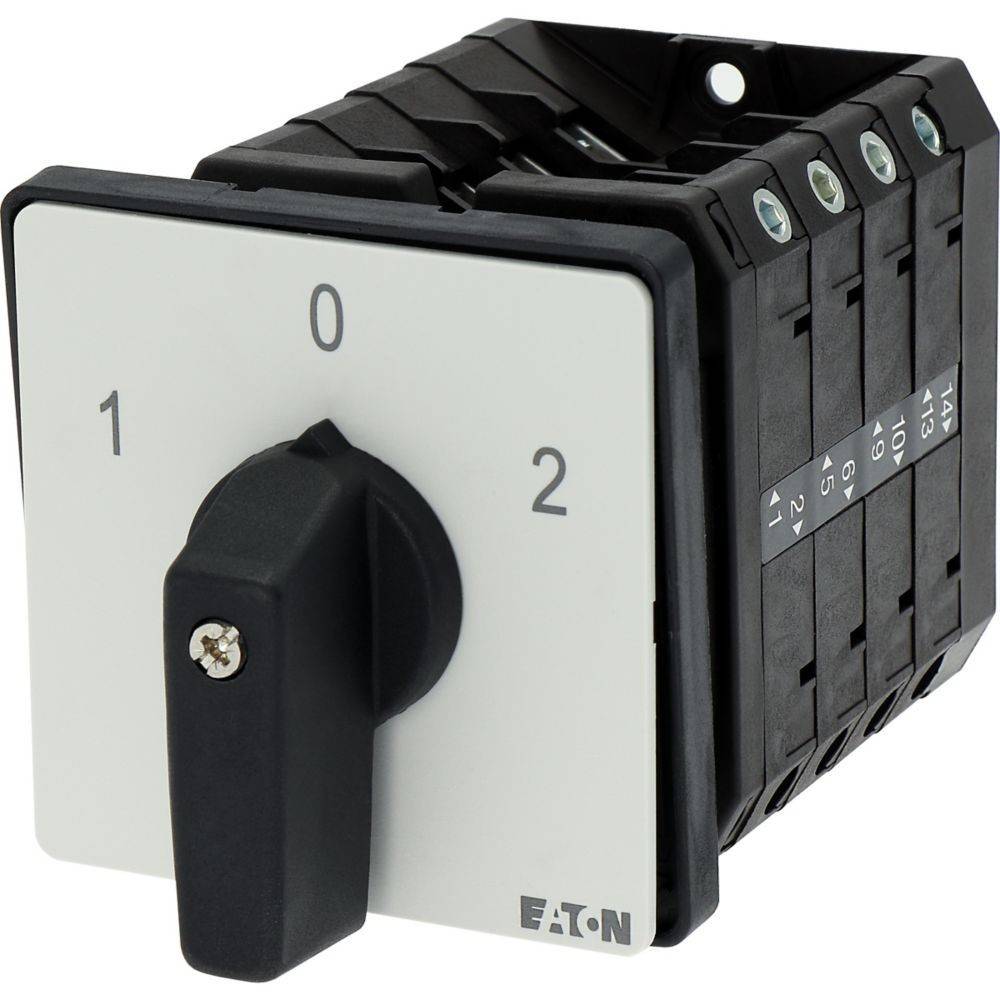Ein Drehschalter mit den Positionen '0', '1' und '2' auf einer quadratischen Abdeckplatte, der zur Steuerung elektrischer Geräte verwendet wird.