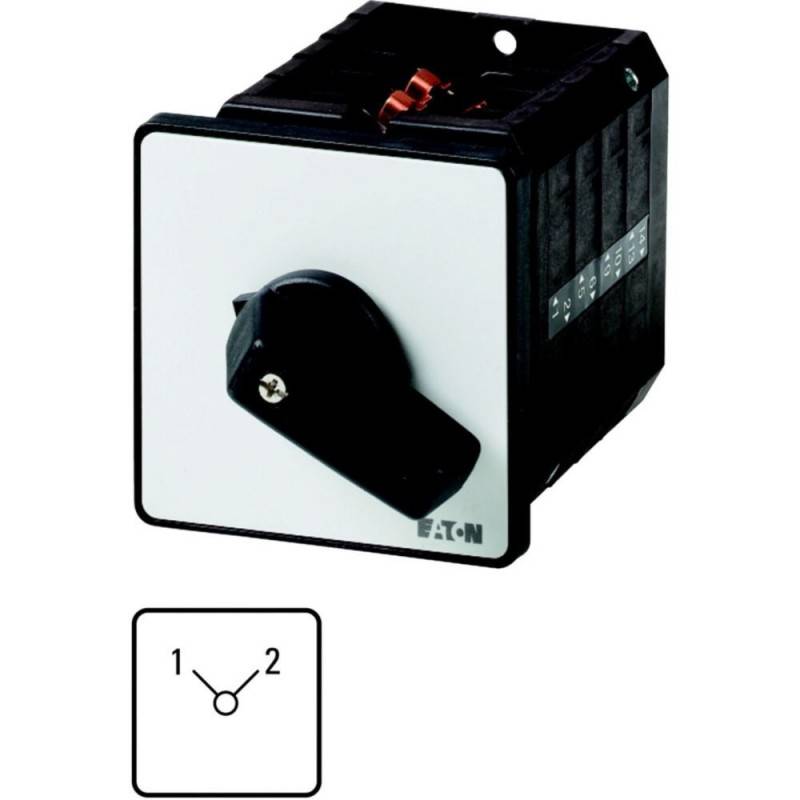 Drehschalter mit zwei Positionen, gekennzeichnet mit 1 und 2; schwarzer Griff auf einer weißen Schalttafel, Teil eines elektrischen Steuerungssystems.